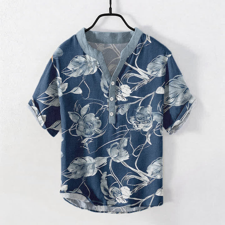 Buddha Stones Kurzarmhemd aus Baumwolle mit botanischem Blumen- und Blättermuster, halb geknöpft, Herren - SteelBlue - US/ UK/AU50, EU60 (5XL) - image 5