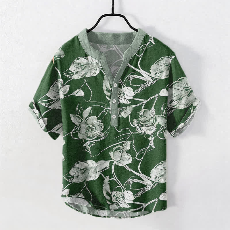 Buddha Stones Kurzarmhemd aus Baumwolle mit botanischem Blumen- und Blättermuster, halb geknöpft, Herren - Waldgrün - US/ UK/AU50, EU60 (5XL) - image 7