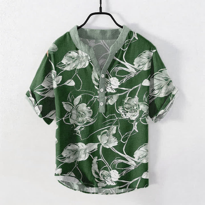 Buddha Stones Kurzarmhemd aus Baumwolle mit botanischem Blumen- und Blättermuster, halb geknöpft, Herren - Waldgrün - US/ UK/AU50, EU60 (5XL) - image 7