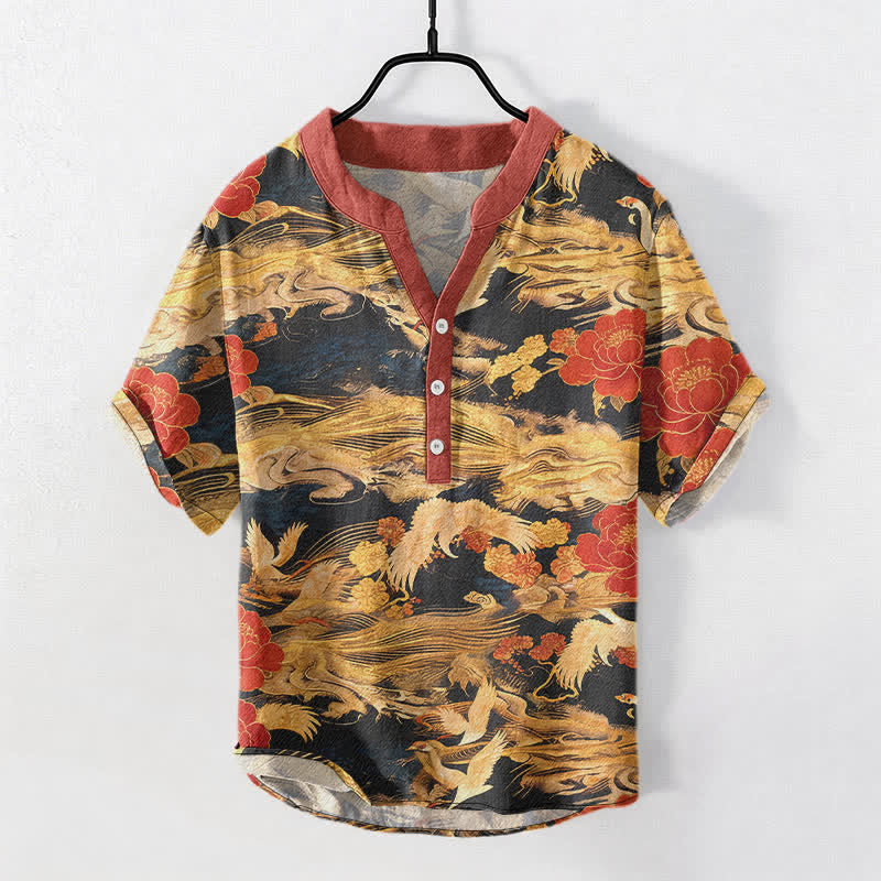 Buddha Stones Baumwollhemd im Vintage-Stil, weiß, mit Kranich- und Pfingstrosenmuster, Kurzarm, halbe Knopfleiste, für Herren - Schwarz - US/ UK/AU50, EU60 (5XL) - image 0