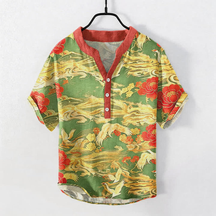 Buddha Stones Baumwollhemd im Vintage-Stil, weiß, mit Kranich- und Pfingstrosenmuster, Kurzarm, halbe Knopfleiste, für Herren - LawnGreen - US/ UK/AU50, EU60 (5XL) - image 7