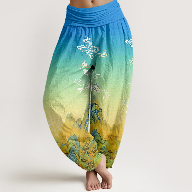 Buddha Stones Damen-Haremshose aus reiner Baumwolle mit Bergmuster und Farbverlauf im Tintenwasch-Look, elastischer Bund - Türkis - US16, UK/AU20, EU48 (3XL) - image 0