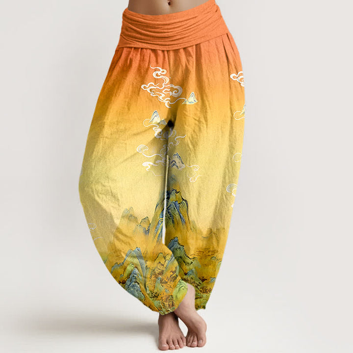 Buddha Stones Damen-Haremshose aus reiner Baumwolle mit Bergmuster und Farbverlauf im Tintenwasch-Look, elastischer Bund - Goldrute - US16, UK/AU20, EU48 (3XL) - image 8