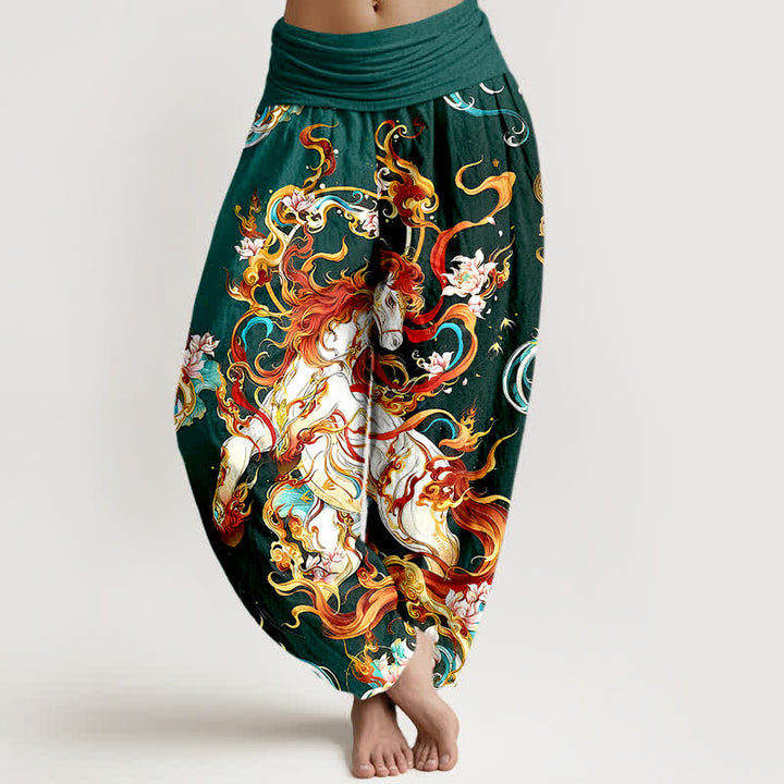 Buddha Stones Damen-Haremshose aus reiner Baumwolle mit mythischem Phönixflammenmuster und elastischem Bund - Waldgrün - US16, UK/AU20, EU48 (3XL) - image 0