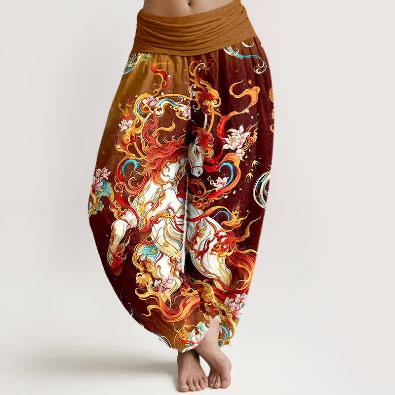 Buddha Stones Damen-Haremshose aus reiner Baumwolle mit mythischem Phönixflammenmuster und elastischem Bund - Kastanienbraun - US16, UK/AU20, EU48 (3XL) - image 8