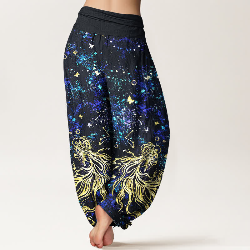 Buddha Stones Haremshose aus reiner Baumwolle mit himmlischem Galaxie-Schmetterlingsmuster und elastischem Bund für Damen. - image 1