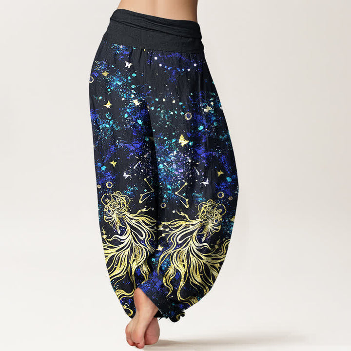 Buddha Stones Haremshose aus reiner Baumwolle mit himmlischem Galaxie-Schmetterlingsmuster und elastischem Bund für Damen. - image 1