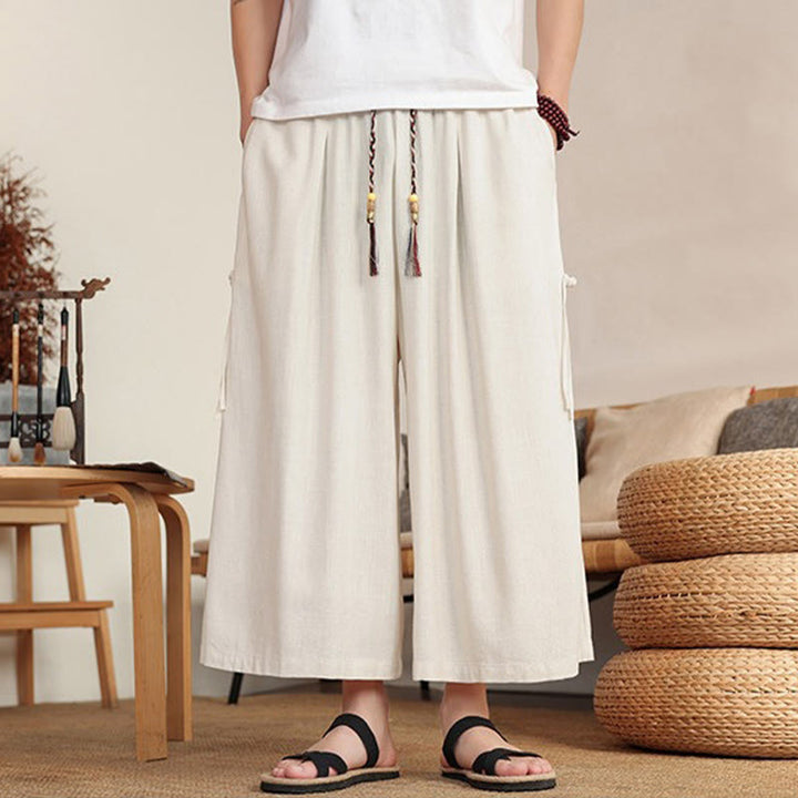 Buddha Stones Sommerliche Herrenhose mit elastischem Bund, weitem Bein und Taschen - image 5