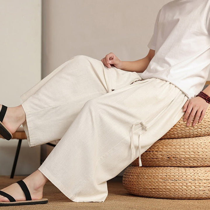 Buddha Stones Sommerliche Herrenhose mit elastischem Bund, weitem Bein und Taschen - image 8