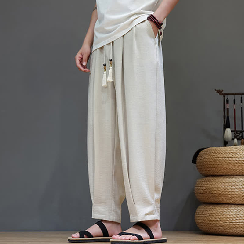 Buddha Stones Minimalistische, einfarbige Herren-Sommerhose mit elastischem Bund, schmal zulaufendem Bein und Taschen - image 5