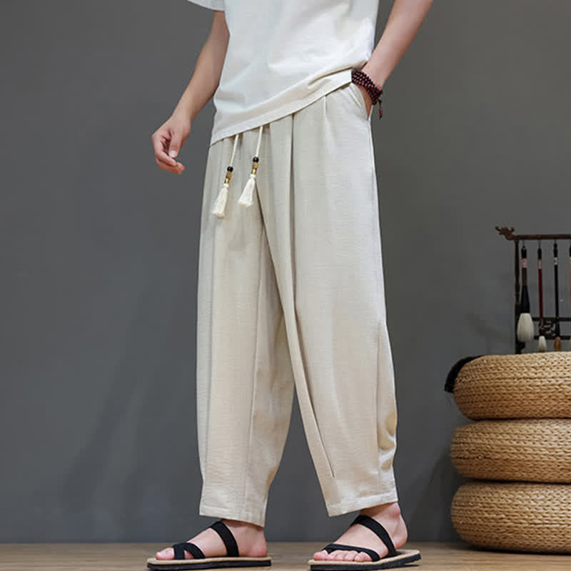 Buddha Stones Minimalistische, einfarbige Herren-Sommerhose mit elastischem Bund, schmal zulaufendem Bein und Taschen - Beige - US/ UK/AU46, EU56 (5XL) - image 0