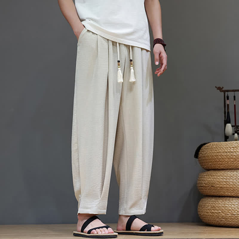 Buddha Stones Minimalistische, einfarbige Herren-Sommerhose mit elastischem Bund, schmal zulaufendem Bein und Taschen - image 4