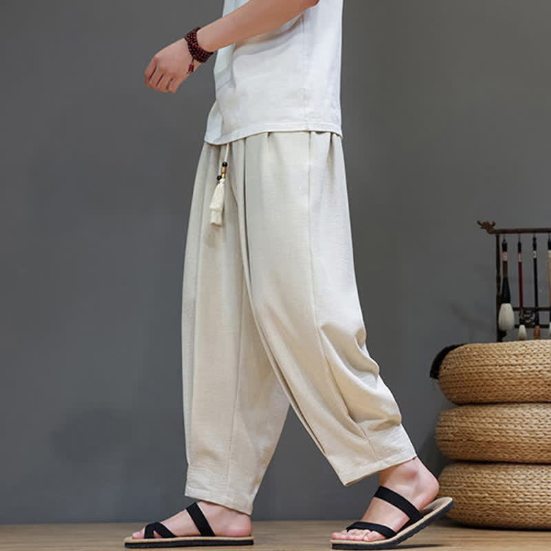 Buddha Stones Minimalistische, einfarbige Herren-Sommerhose mit elastischem Bund, schmal zulaufendem Bein und Taschen - image 1