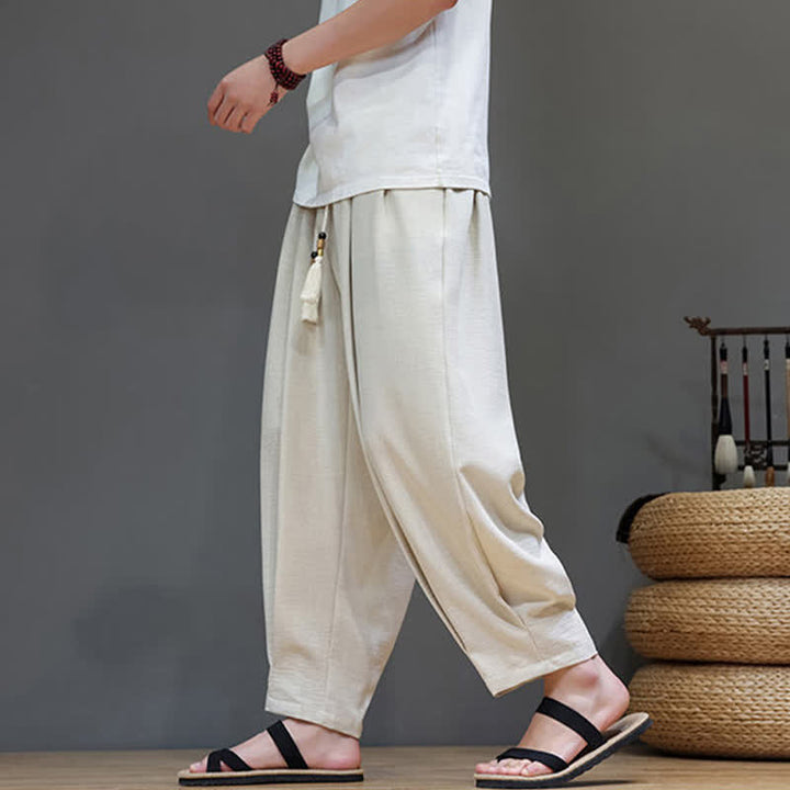 Buddha Stones Minimalistische, einfarbige Herren-Sommerhose mit elastischem Bund, schmal zulaufendem Bein und Taschen - image 1