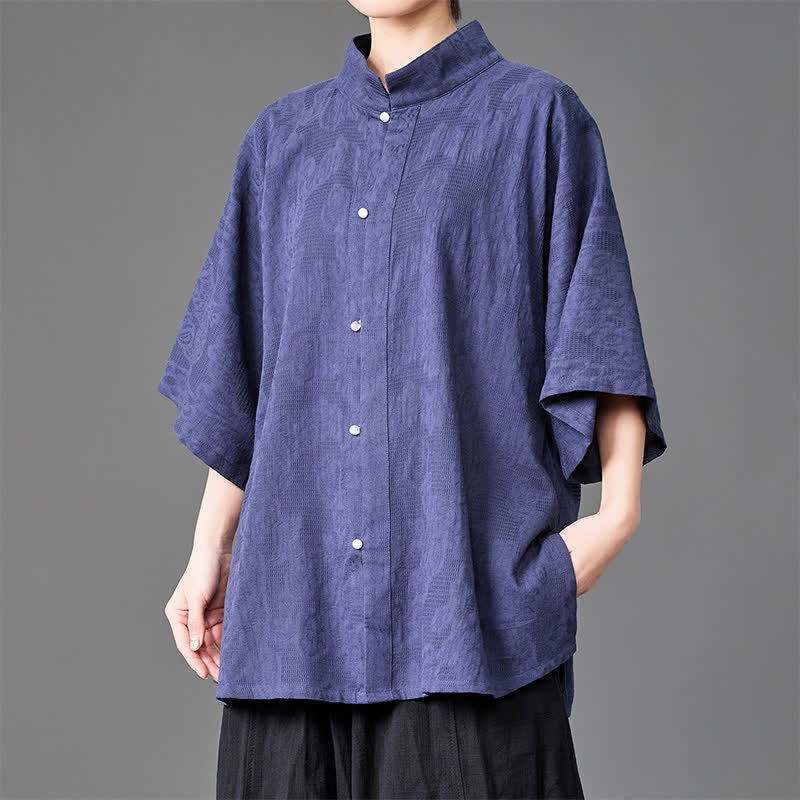 Buddha Stones Minimalistisches Sommerhemd mit Stehkragen, Knopfleiste und Dreiviertelärmeln für Herren – einfarbig - Indigo - US/UK/AU46, EU56 (5XL) - image 0