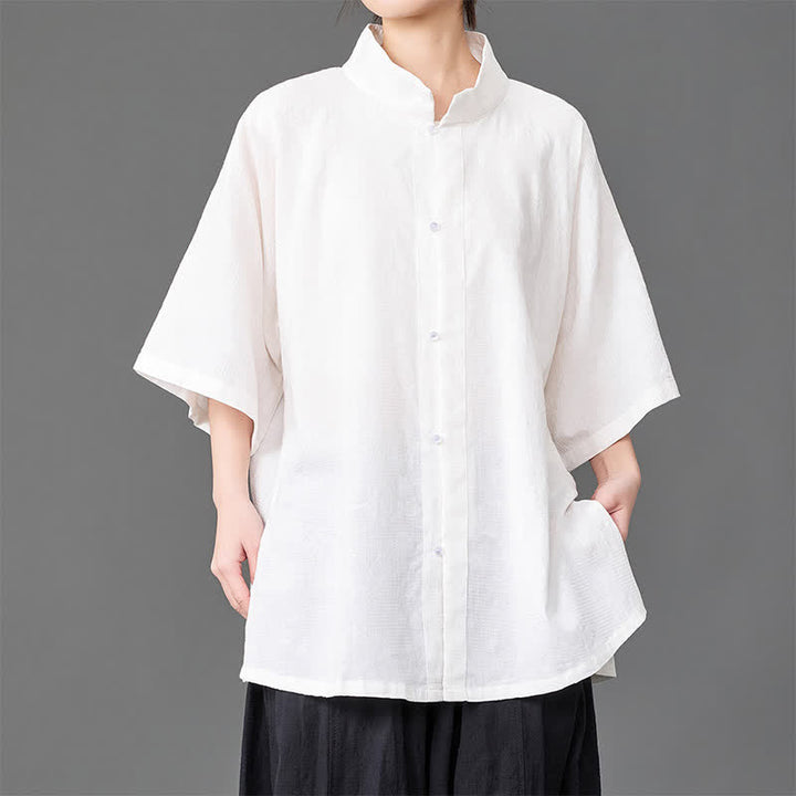 Buddha Stones Minimalistisches Sommerhemd mit Stehkragen, Knopfleiste und Dreiviertelärmeln für Herren – einfarbig - Weiß - US/UK/AU46, EU56 (5XL) - image 11