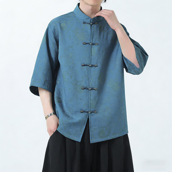 Buddha Stones Sommerliches Herrenhemd im Tang-Stil mit Stehkragen, Froschknopfleiste, Seitenschlitz und Ellbogenlänge. - Kadettenblau - US/ UK/AU46, EU56 (5XL) - image 0