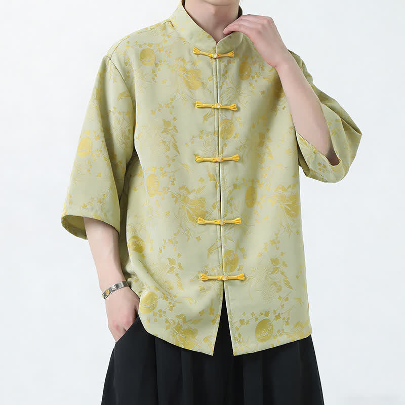 Buddha Stones Sommerliches Herrenhemd im Tang-Stil mit Stehkragen, Froschknopfleiste, Seitenschlitz und Ellbogenlänge. - Hellgoldgelb - US/ UK/AU46, EU56 (5XL) - image 6