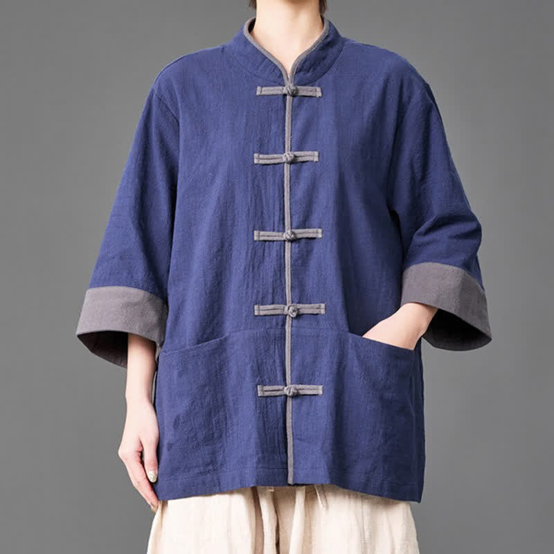 Buddha Stones Sommerliches Herrenhemd im Tang-Stil mit Stehkragen, Froschknopfleiste, ellbogenlangen Ärmeln und Taschen - Marine - US/ UK/AU46, EU56 (5XL) - image 0