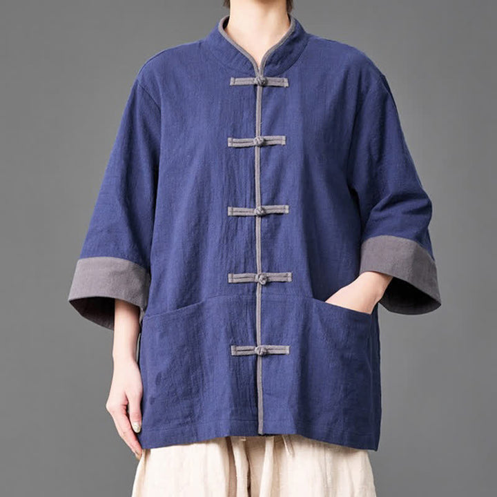 Buddha Stones Sommerliches Herrenhemd im Tang-Stil mit Stehkragen, Froschknopfleiste, ellbogenlangen Ärmeln und Taschen - Marine - US/ UK/AU46, EU56 (5XL) - image 0