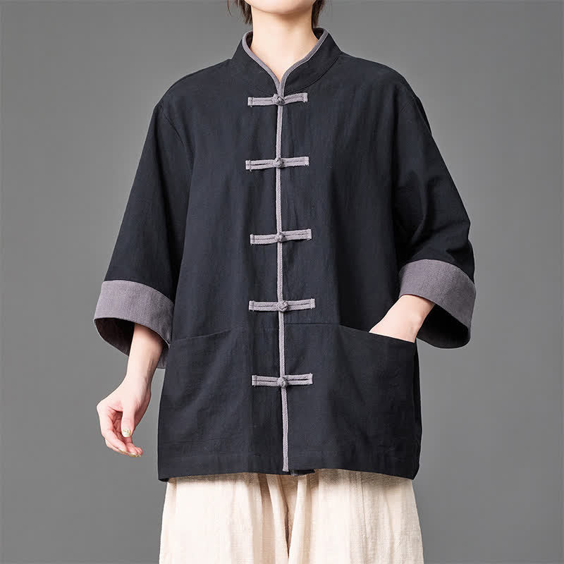 Buddha Stones Sommerliches Herrenhemd im Tang-Stil mit Stehkragen, Froschknopfleiste, ellbogenlangen Ärmeln und Taschen - Schwarz - US/ UK/AU46, EU56 (5XL) - image 6