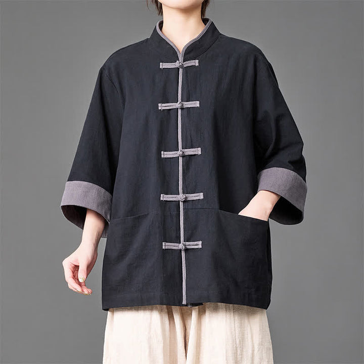 Buddha Stones Sommerliches Herrenhemd im Tang-Stil mit Stehkragen, Froschknopfleiste, ellbogenlangen Ärmeln und Taschen - Schwarz - US/ UK/AU46, EU56 (5XL) - image 6