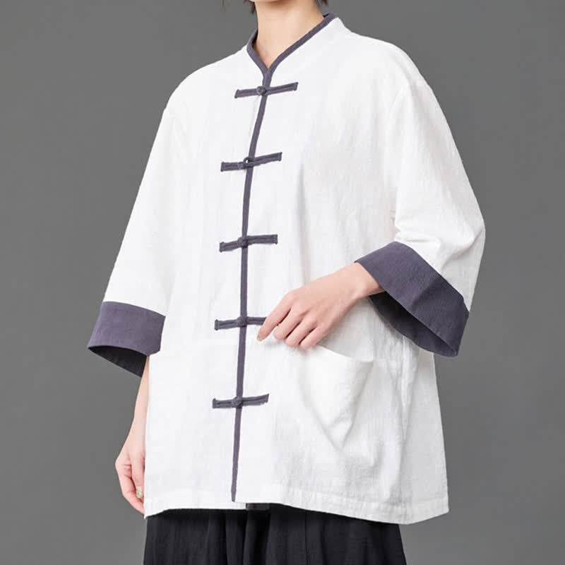 Buddha Stones Sommerliches Herrenhemd im Tang-Stil mit Stehkragen, Froschknopfleiste, ellbogenlangen Ärmeln und Taschen - Weiß - US/ UK/AU46, EU56 (5XL) - image 10