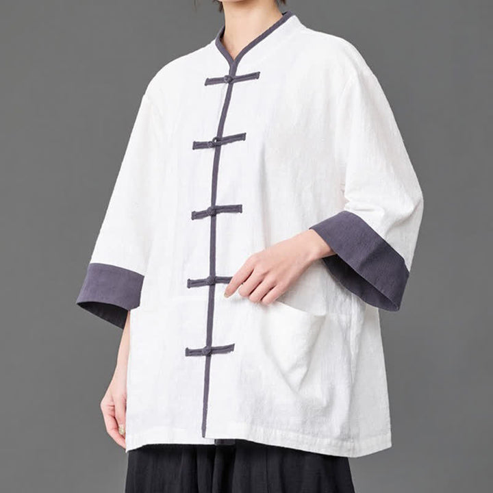 Buddha Stones Sommerliches Herrenhemd im Tang-Stil mit Stehkragen, Froschknopfleiste, ellbogenlangen Ärmeln und Taschen - Weiß - US/ UK/AU46, EU56 (5XL) - image 10