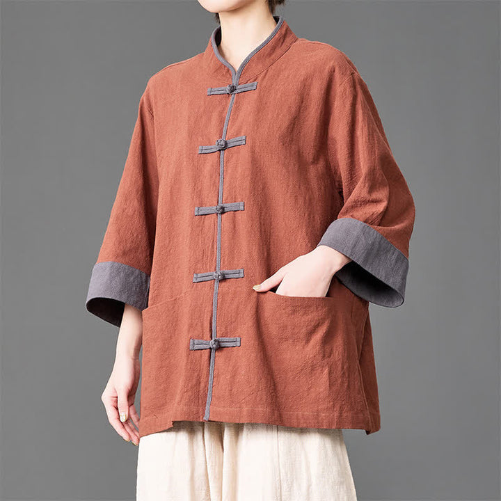 Buddha Stones Sommerliches Herrenhemd im Tang-Stil mit Stehkragen, Froschknopfleiste, ellbogenlangen Ärmeln und Taschen - Sienna - US/ UK/AU46, EU56 (5XL) - image 15