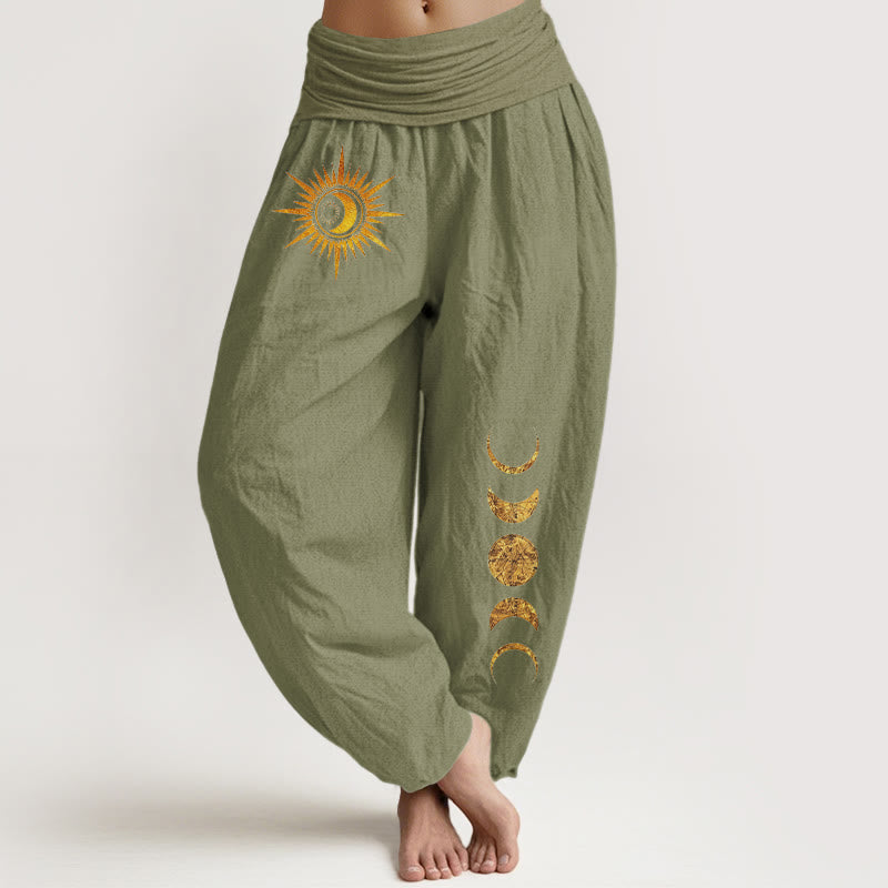 Buddha Stones Damen-Haremshose aus reiner Baumwolle mit goldenem Sonnen- und Mondphasenmuster und elastischem Bund - Olivgrün - US16, UK/AU20, EU48 (3XL) - image 14