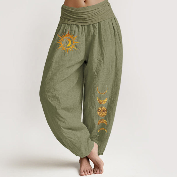 Buddha Stones Damen-Haremshose aus reiner Baumwolle mit goldenem Sonnen- und Mondphasenmuster und elastischem Bund - Olivgrün - US16, UK/AU20, EU48 (3XL) - image 14