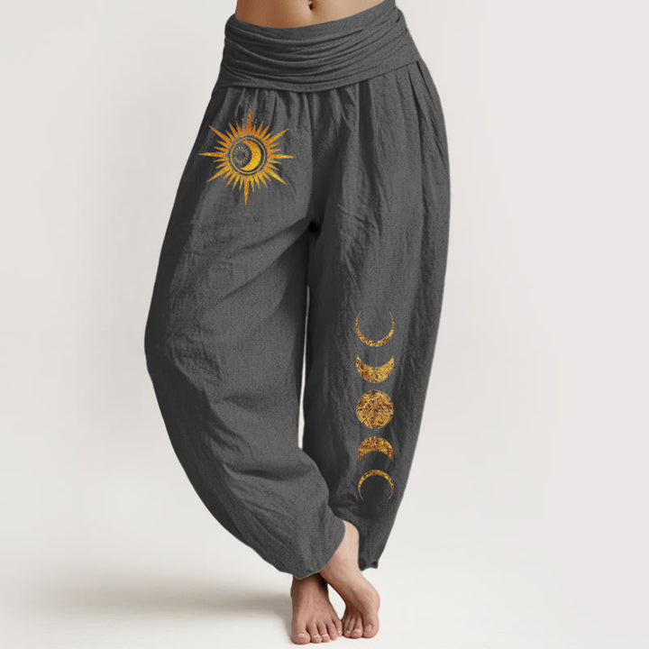 Buddha Stones Damen-Haremshose aus reiner Baumwolle mit goldenem Sonnen- und Mondphasenmuster und elastischem Bund - DimGray - US16, UK/AU20, EU48 (3XL) - image 11