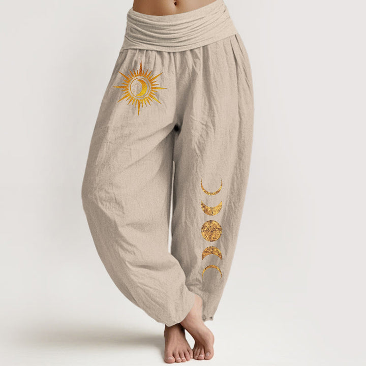 Buddha Stones Damen-Haremshose aus reiner Baumwolle mit goldenem Sonnen- und Mondphasenmuster und elastischem Bund - Bräunen - US16, UK/AU20, EU48 (3XL) - image 5