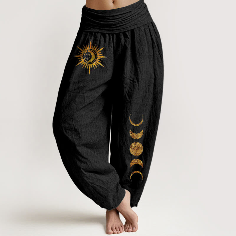 Buddha Stones Damen-Haremshose aus reiner Baumwolle mit goldenem Sonnen- und Mondphasenmuster und elastischem Bund - Schwarz - US16, UK/AU20, EU48 (3XL) - image 0