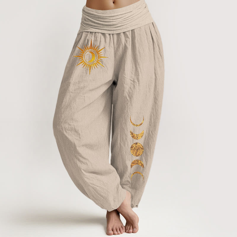 Buddha Stones Damen-Haremshose aus reiner Baumwolle mit goldenem Sonnen- und Mondphasenmuster und elastischem Bund - Bräunen - US16, UK/AU20, EU48 (3XL) - image 5