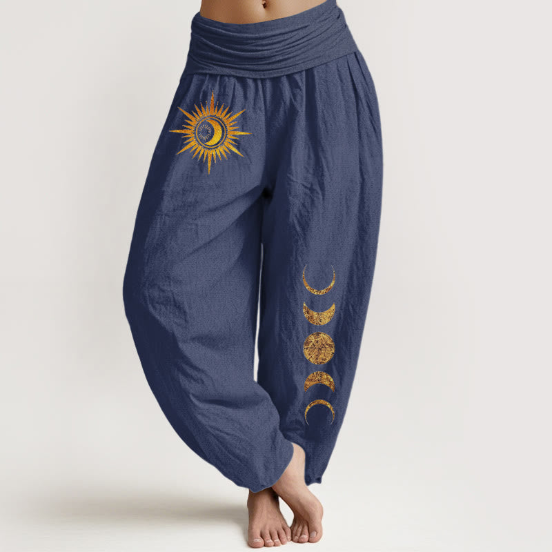 Buddha Stones Damen-Haremshose aus reiner Baumwolle mit goldenem Sonnen- und Mondphasenmuster und elastischem Bund - Dunkelschieferblau - US16, UK/AU20, EU48 (3XL) - image 8