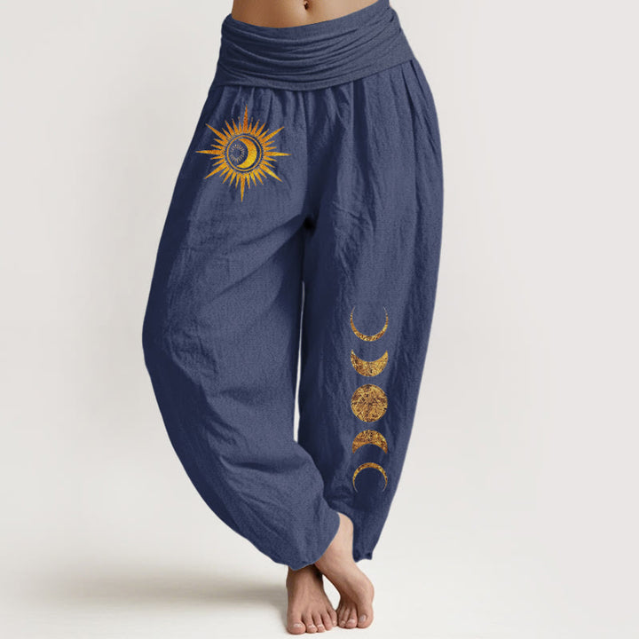 Buddha Stones Damen-Haremshose aus reiner Baumwolle mit goldenem Sonnen- und Mondphasenmuster und elastischem Bund - Dunkelschieferblau - US16, UK/AU20, EU48 (3XL) - image 8