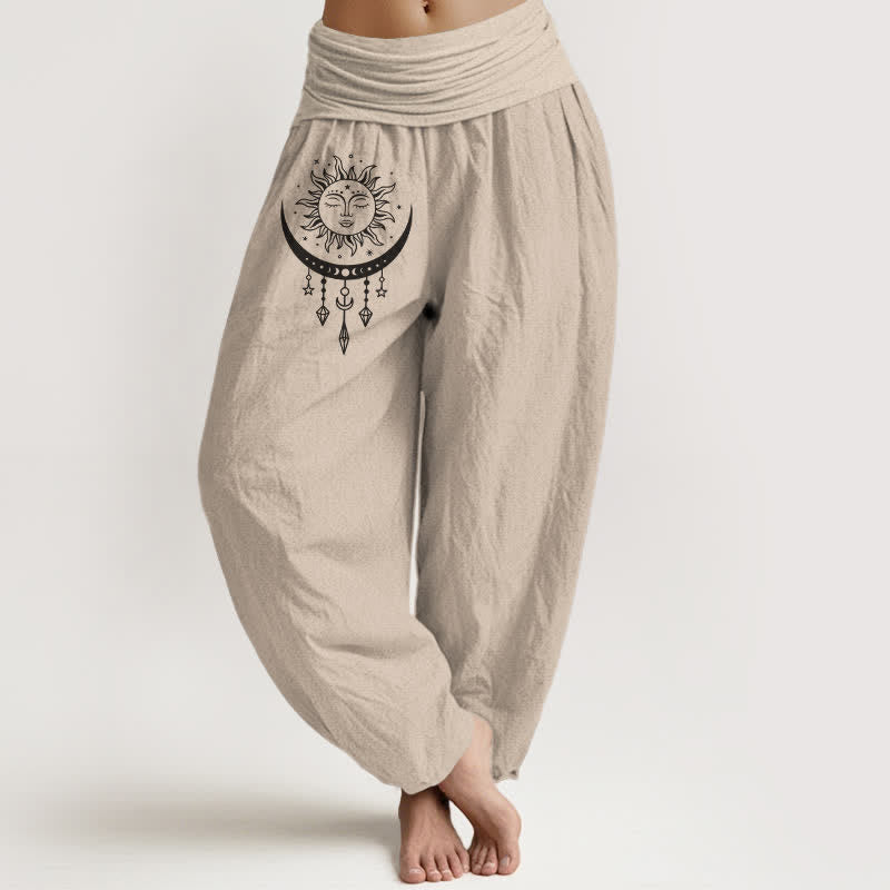 Buddha Stones Damen-Haremshose aus reiner Baumwolle mit Sonne-, Mond- und Sternenmuster sowie elastischem Bund. - Bräunen - US16, UK/AU20, EU48 (3XL) - image 0