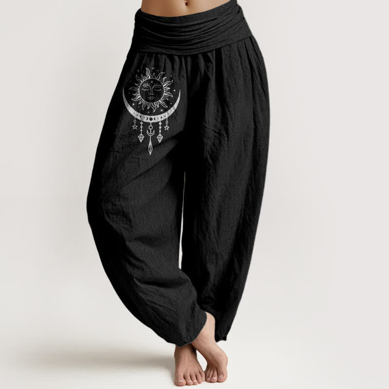 Buddha Stones Damen-Haremshose aus reiner Baumwolle mit Sonne-, Mond- und Sternenmuster sowie elastischem Bund. - Schwarz - US16, UK/AU20, EU48 (3XL) - image 5