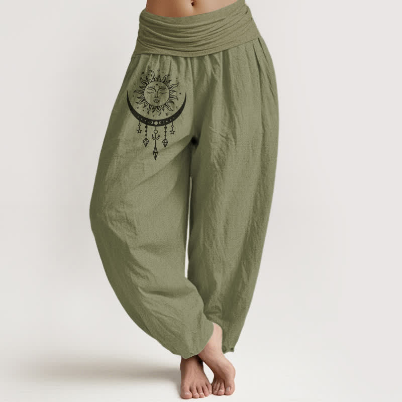 Buddha Stones Damen-Haremshose aus reiner Baumwolle mit Sonne-, Mond- und Sternenmuster sowie elastischem Bund. - Olivgrün - US16, UK/AU20, EU48 (3XL) - image 14