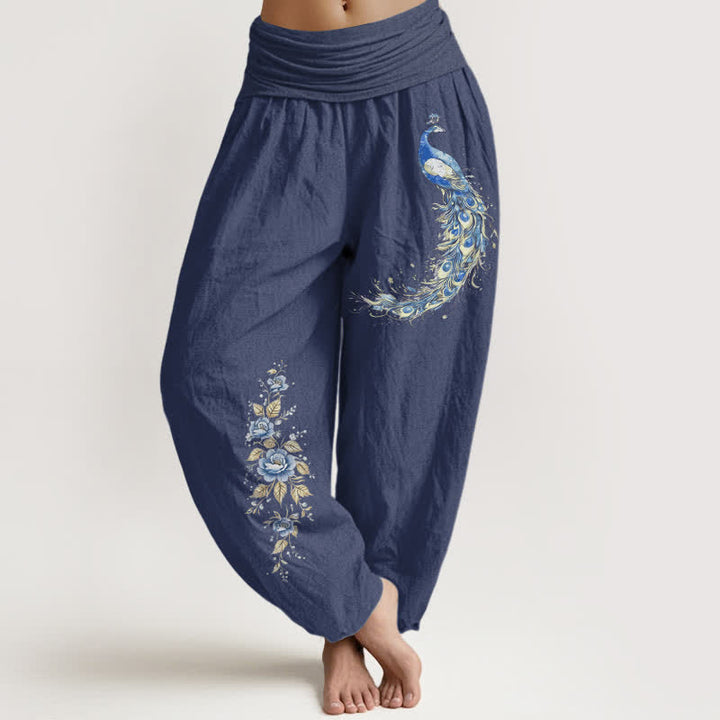 Buddha Stones Damen-Haremshose aus reiner Baumwolle mit Pfauenblütenmuster und elastischem Bund - Dunkelschieferblau - US16, UK/AU20, EU48 (3XL) - image 0