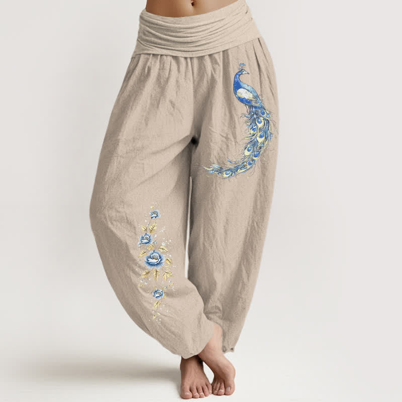 Buddha Stones Damen-Haremshose aus reiner Baumwolle mit Pfauenblütenmuster und elastischem Bund - Bräunen - US16, UK/AU20, EU48 (3XL) - image 5