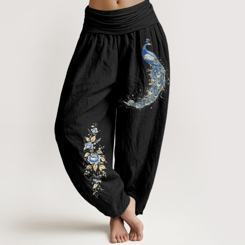 Buddha Stones Damen-Haremshose aus reiner Baumwolle mit Pfauenblütenmuster und elastischem Bund - Schwarz - US16, UK/AU20, EU48 (3XL) - image 8