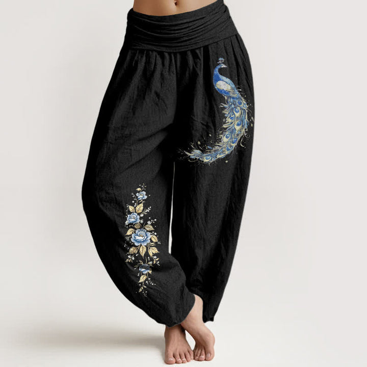 Buddha Stones Damen-Haremshose aus reiner Baumwolle mit Pfauenblütenmuster und elastischem Bund - Schwarz - US16, UK/AU20, EU48 (3XL) - image 8