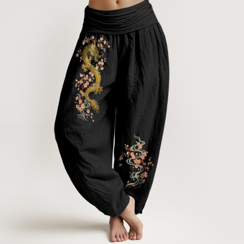 Buddha Stones Damen-Haremshose aus reiner Baumwolle mit goldenem Drachen- und rosa Blütenmuster, elastischer Bund - Schwarz - US16, UK/AU20, EU48 (3XL) - image 0