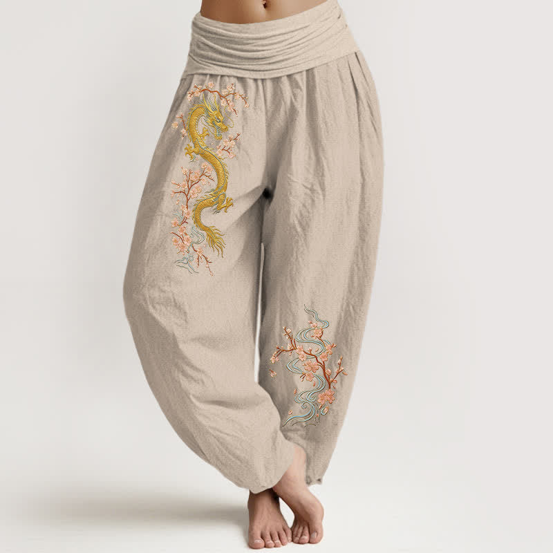 Buddha Stones Damen-Haremshose aus reiner Baumwolle mit goldenem Drachen- und rosa Blütenmuster, elastischer Bund - Bräunen - US16, UK/AU20, EU48 (3XL) - image 5