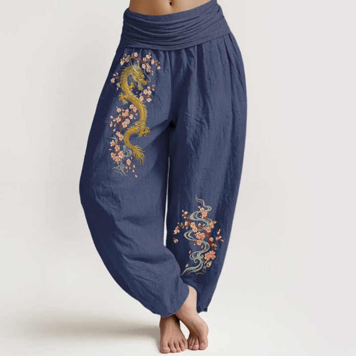 Buddha Stones Damen-Haremshose aus reiner Baumwolle mit goldenem Drachen- und rosa Blütenmuster, elastischer Bund - Dunkelschieferblau - US16, UK/AU20, EU48 (3XL) - image 8