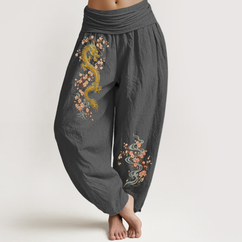Buddha Stones Damen-Haremshose aus reiner Baumwolle mit goldenem Drachen- und rosa Blütenmuster, elastischer Bund - DimGray - US16, UK/AU20, EU48 (3XL) - image 11
