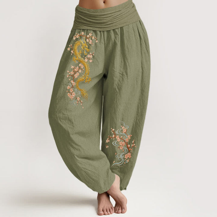 Buddha Stones Damen-Haremshose aus reiner Baumwolle mit goldenem Drachen- und rosa Blütenmuster, elastischer Bund - Olivgrün - US16, UK/AU20, EU48 (3XL) - image 14
