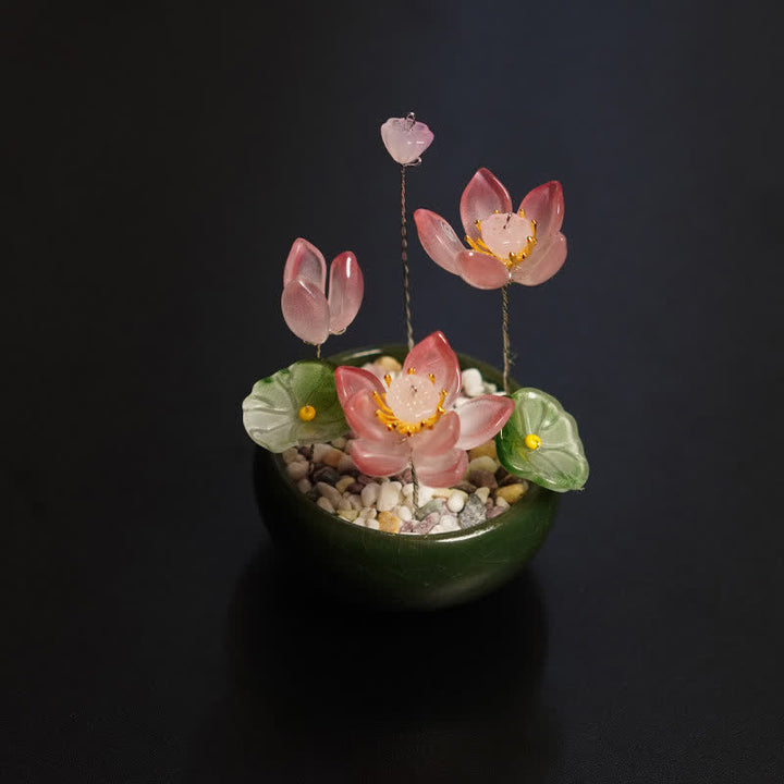 Buddha Stones Pfingstrosen-Lotus-Liuli-Blumentopf, handgefertigt, achtsame Wohndekoration - Dunkelrosa Lotus - image 0